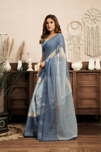 Joban Fashion Cream & Blue Striped Linen Ready To Wear Saree With Unstitched Blouse - Distacart