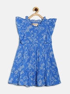 Manet Girls Cotton Frill Sleeve Frock Big Flower Print - Blue