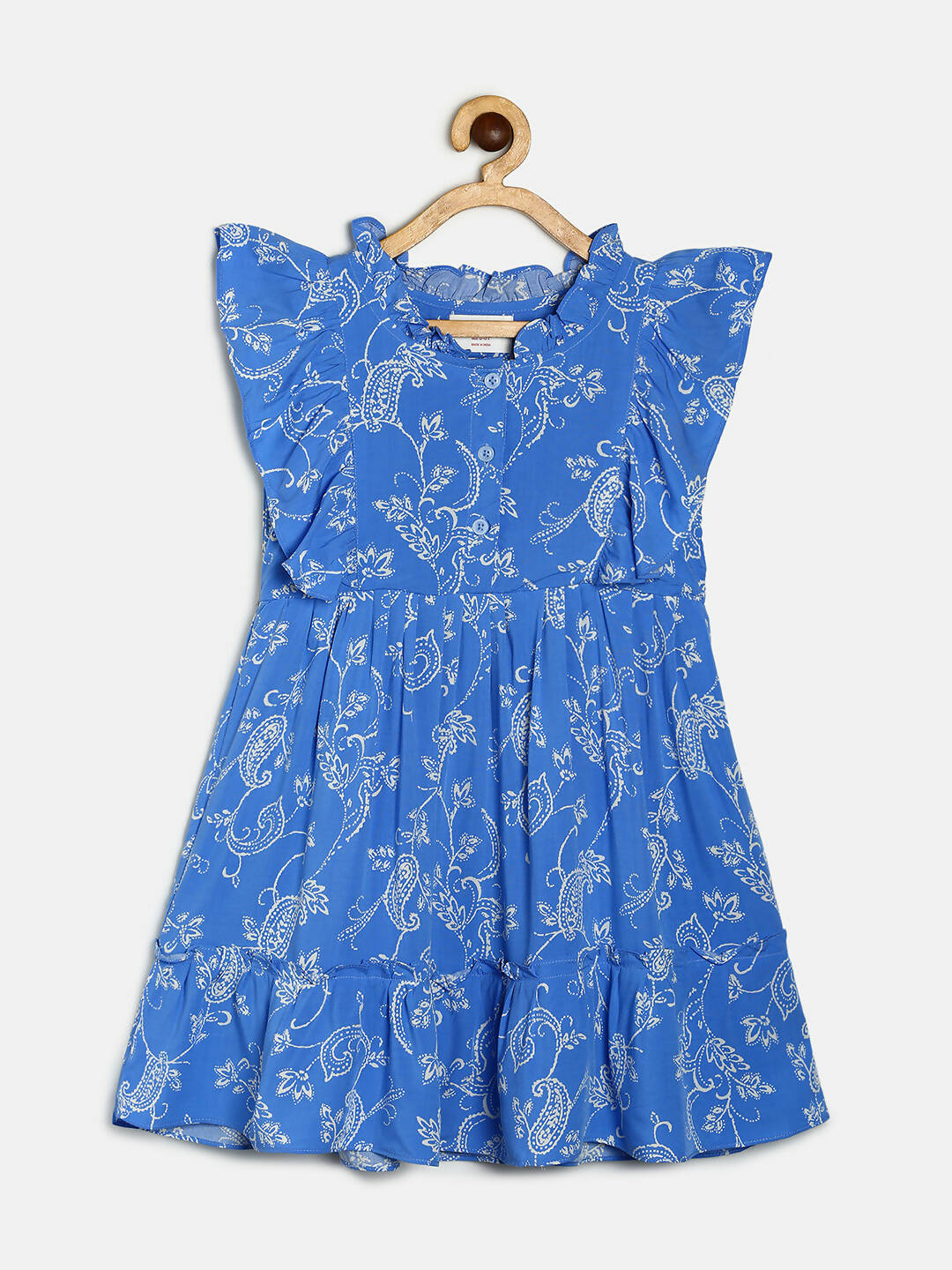Manet Girls Cotton Frill Sleeve Frock Big Flower Print - Blue