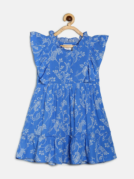 Manet Girls Cotton Frill Sleeve Frock Big Flower Print - Blue
