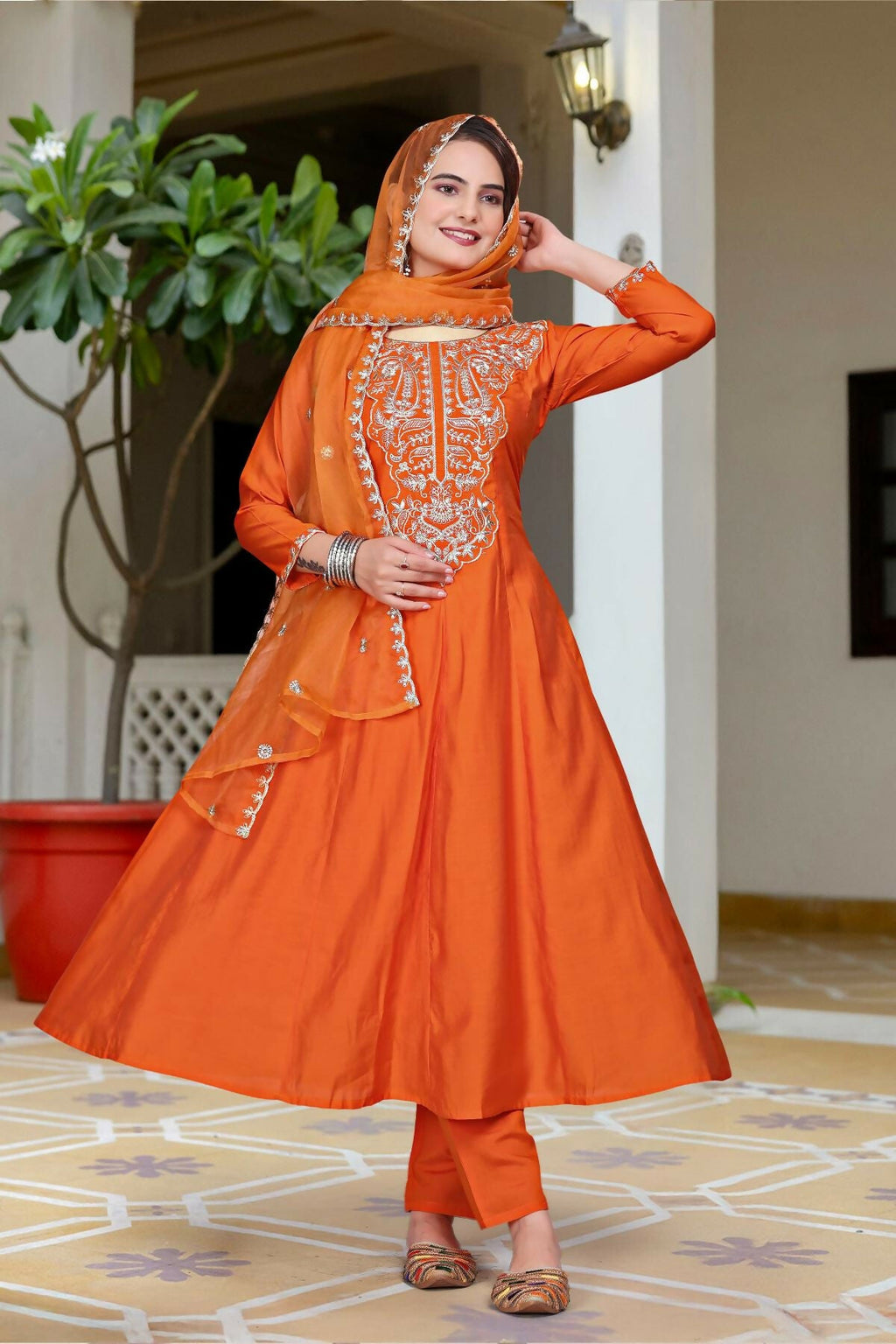 The52 Women's Beautiful Vichitra Fabric Embroidery Work Flared Anarkali Pant and Dupatta Set - Distacart