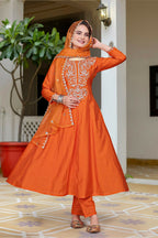 The52 Women's Beautiful Vichitra Fabric Embroidery Work Flared Anarkali Pant and Dupatta Set - Distacart