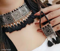 Tehzeeb Creations Women's Silver Colour Oxidised Necklace And Earrings With Black Yarn Design