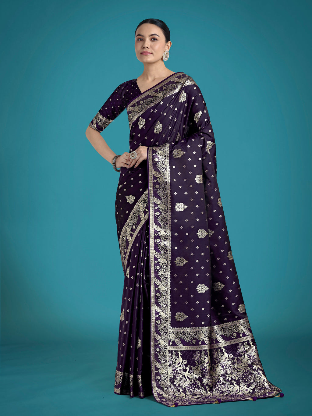 Monjolika Fashion Traditional Purple Woven Banarasi Satin Silk Saree - Distacart