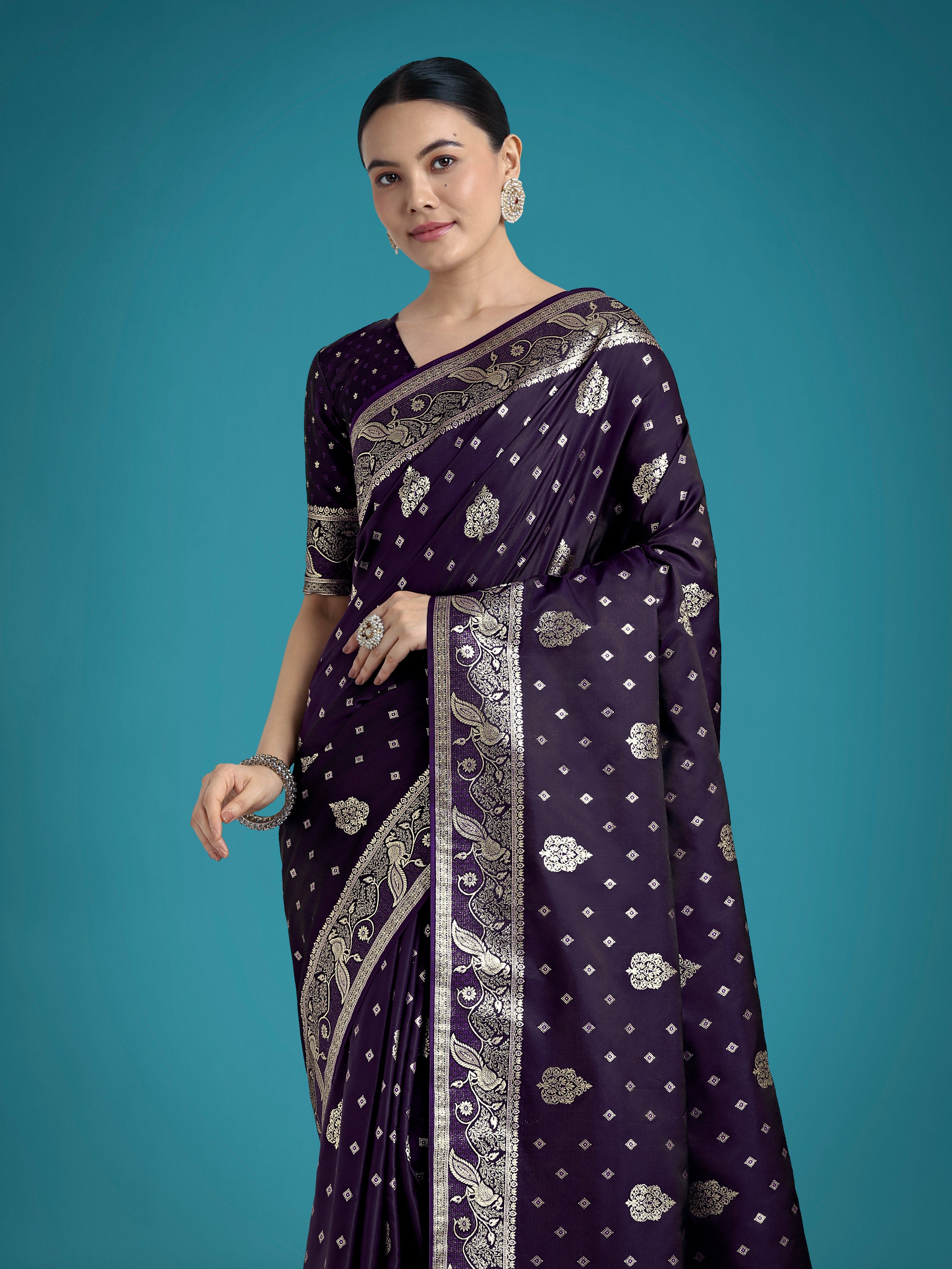 Monjolika Fashion Traditional Purple Woven Banarasi Satin Silk Saree - Distacart