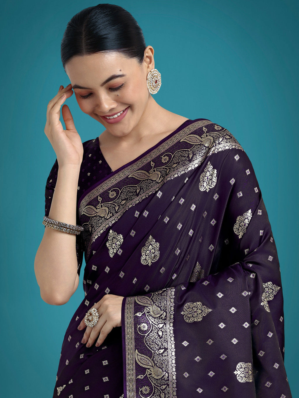 Monjolika Fashion Traditional Purple Woven Banarasi Satin Silk Saree - Distacart