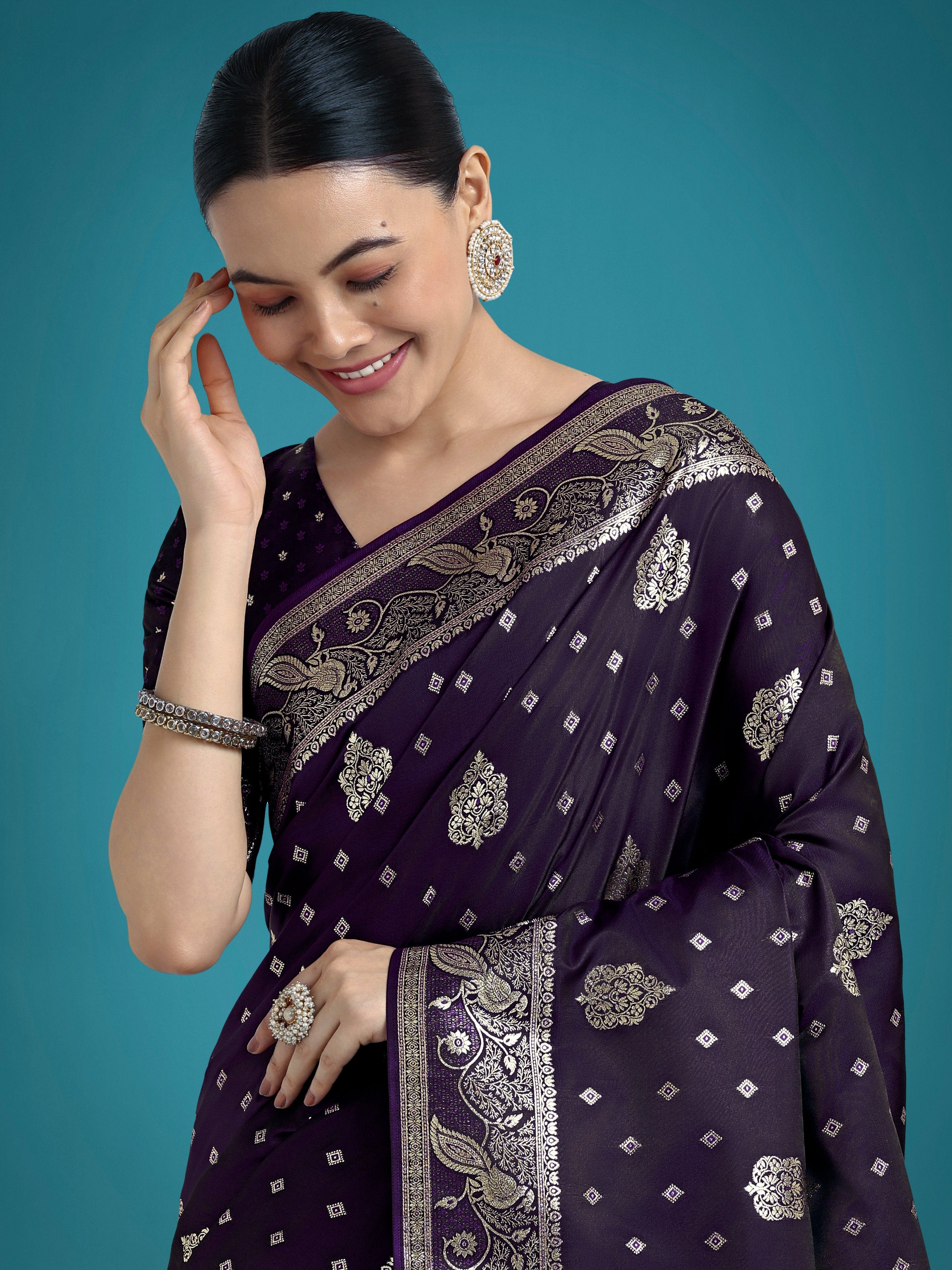 Monjolika Fashion Traditional Purple Woven Banarasi Satin Silk Saree - Distacart