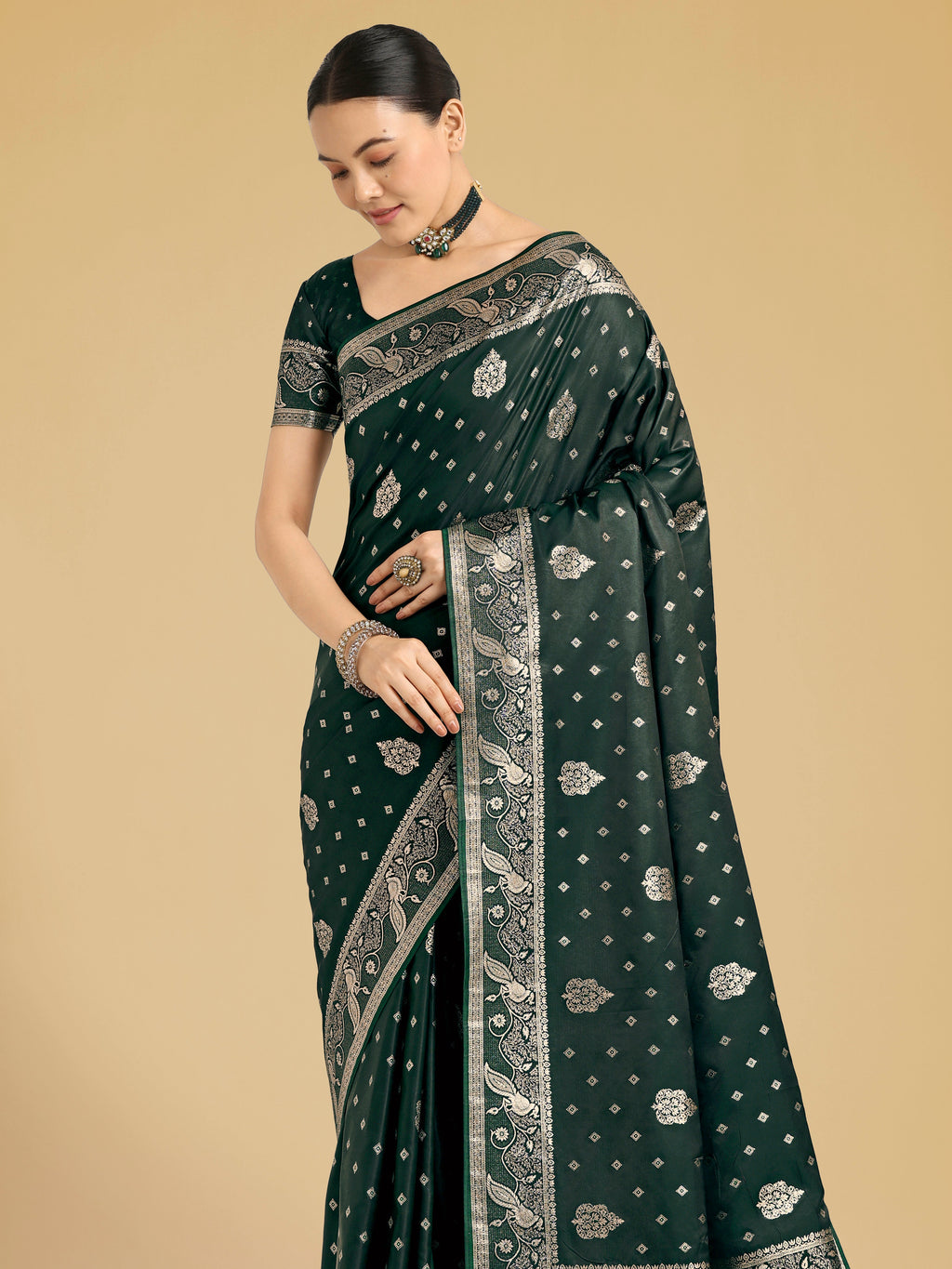 Monjolika Fashion Traditional Dark Geen Woven Banarasi Satin Silk Saree - Distacart