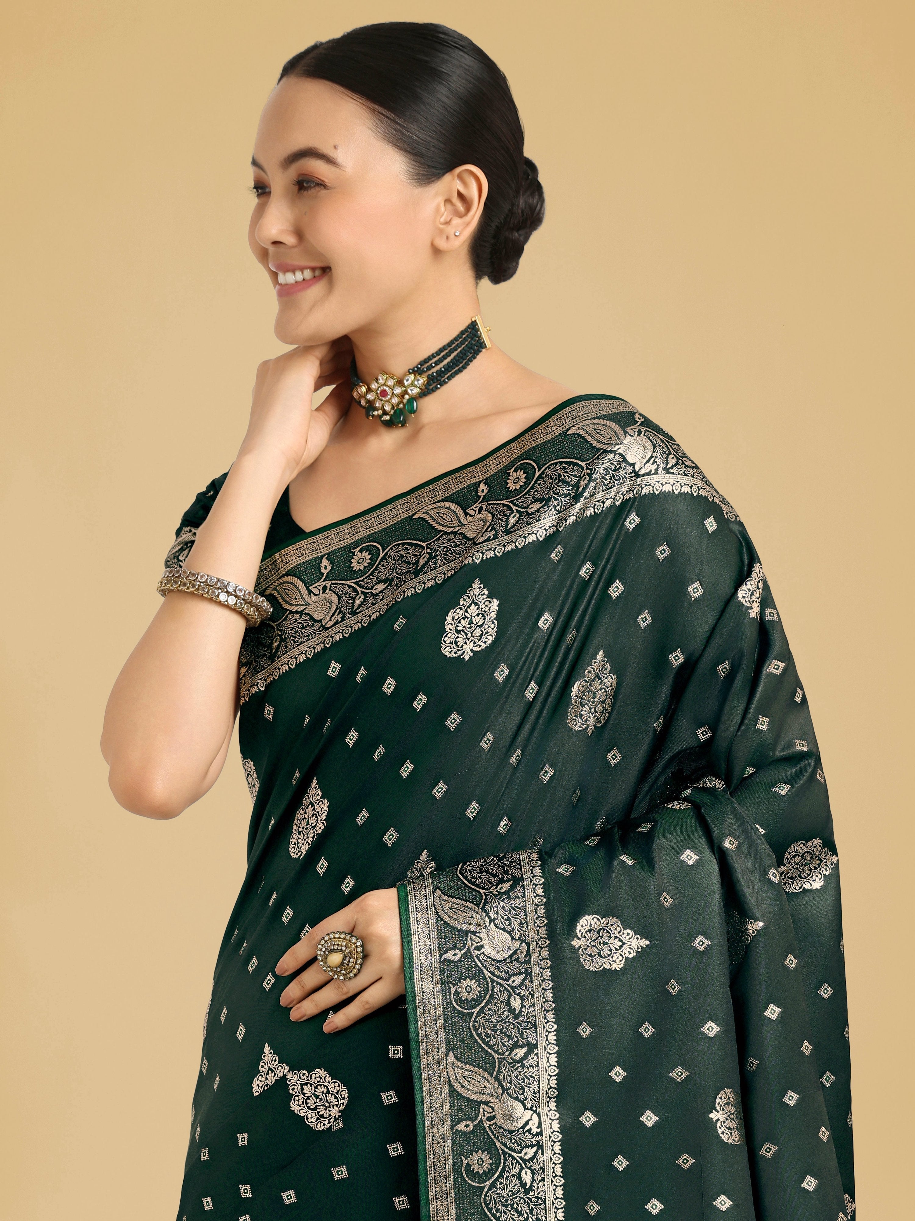 Monjolika Fashion Traditional Dark Geen Woven Banarasi Satin Silk Saree - Distacart