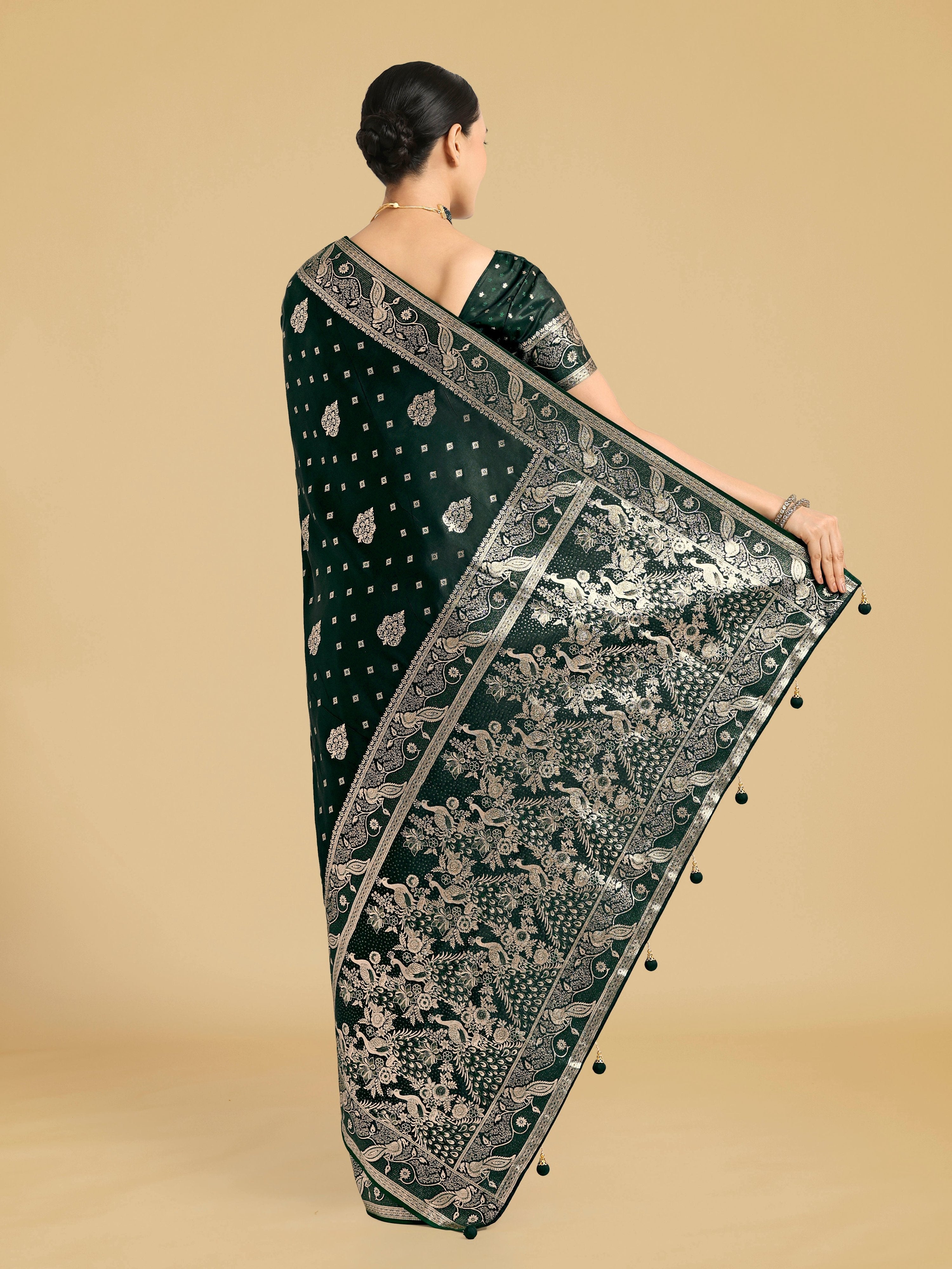 Monjolika Fashion Traditional Dark Geen Woven Banarasi Satin Silk Saree - Distacart