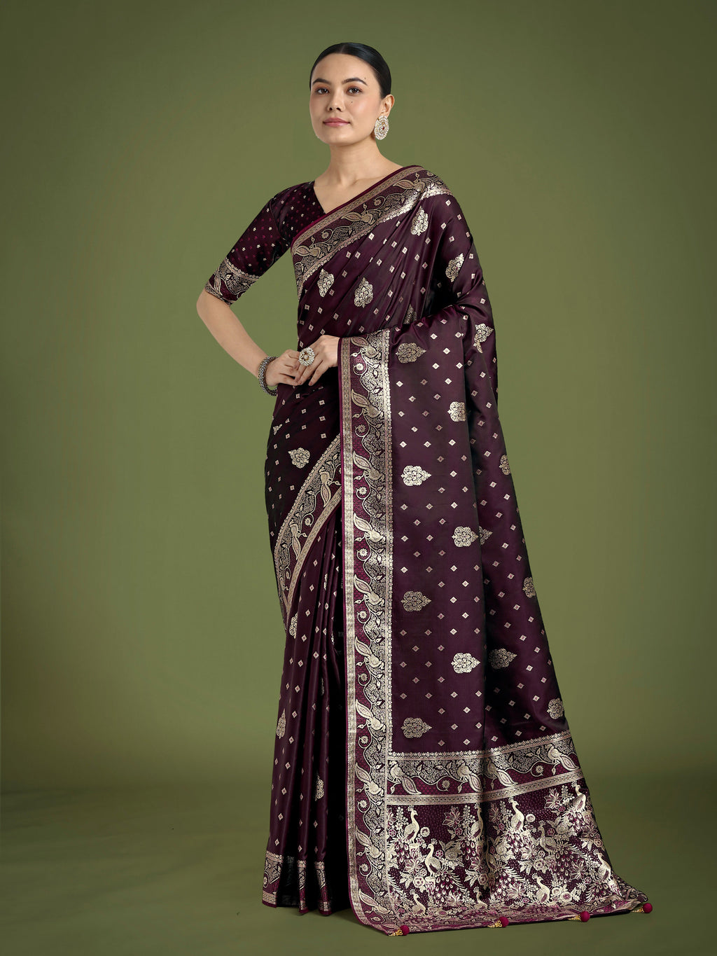 Monjolika Fashion Traditional Wine Woven Banarasi Satin Silk Saree - Distacart