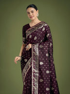 Monjolika Fashion Traditional Wine Woven Banarasi Satin Silk Saree - Distacart