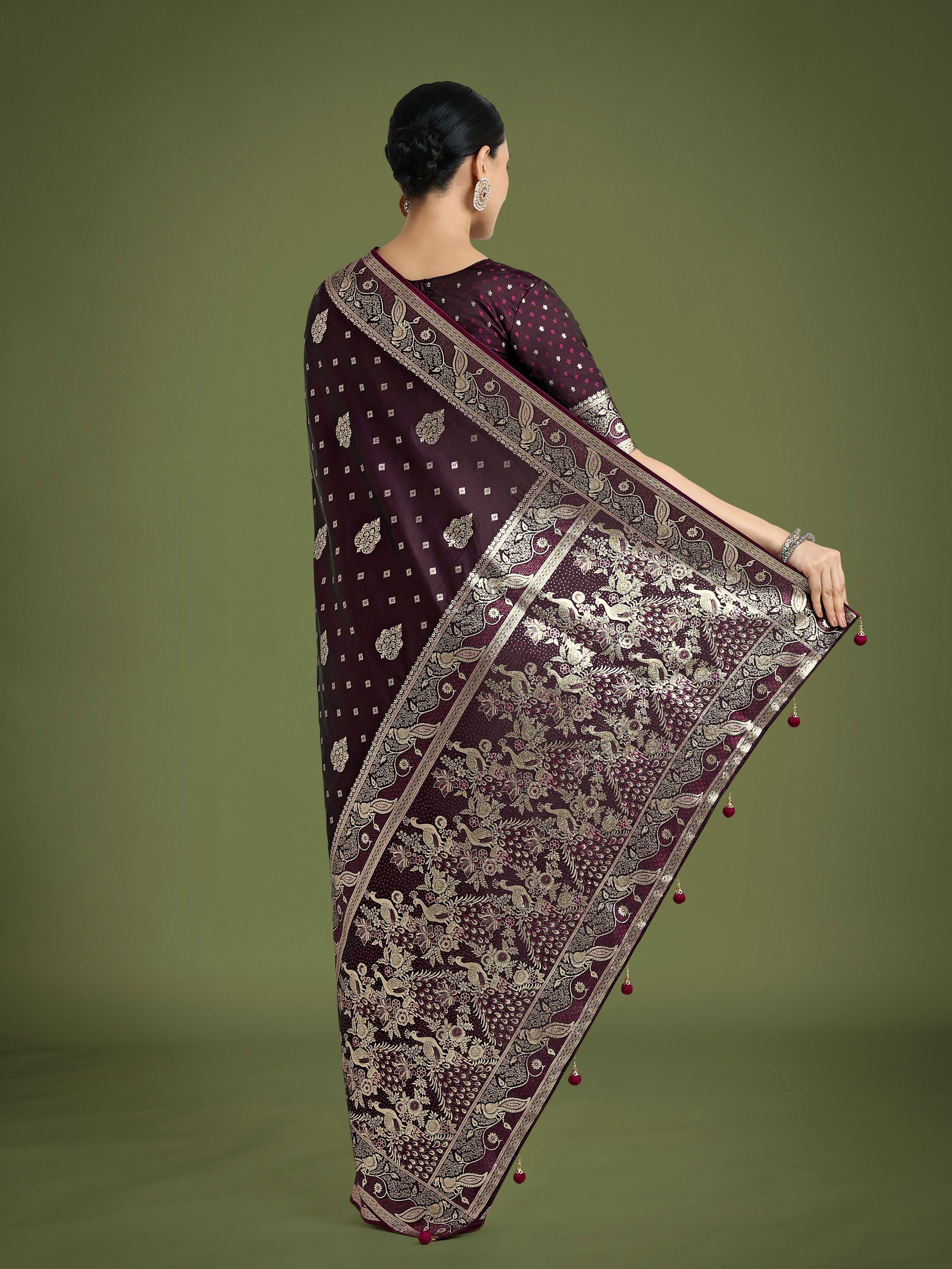 Monjolika Fashion Traditional Wine Woven Banarasi Satin Silk Saree - Distacart