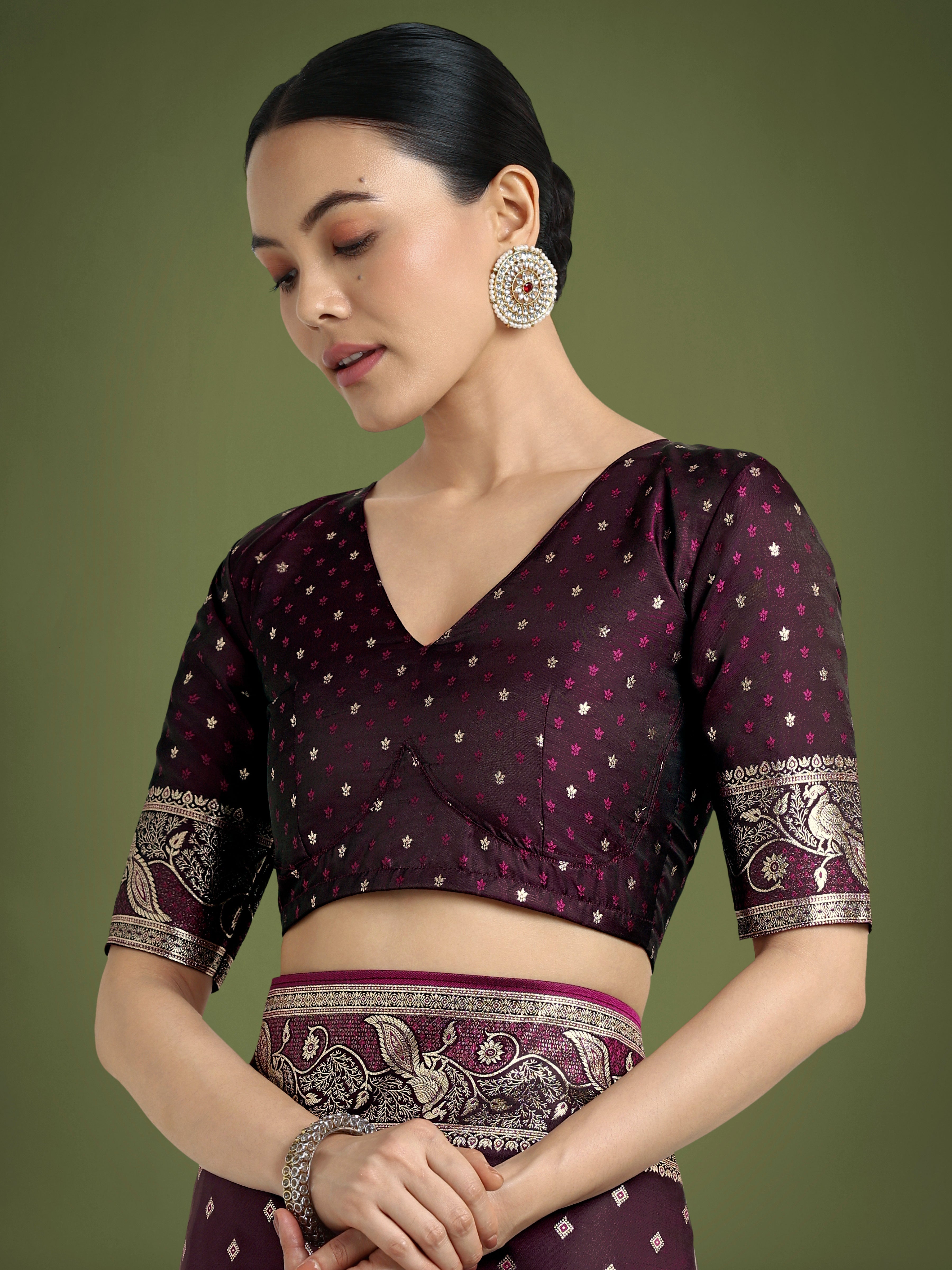 Monjolika Fashion Traditional Wine Woven Banarasi Satin Silk Saree - Distacart