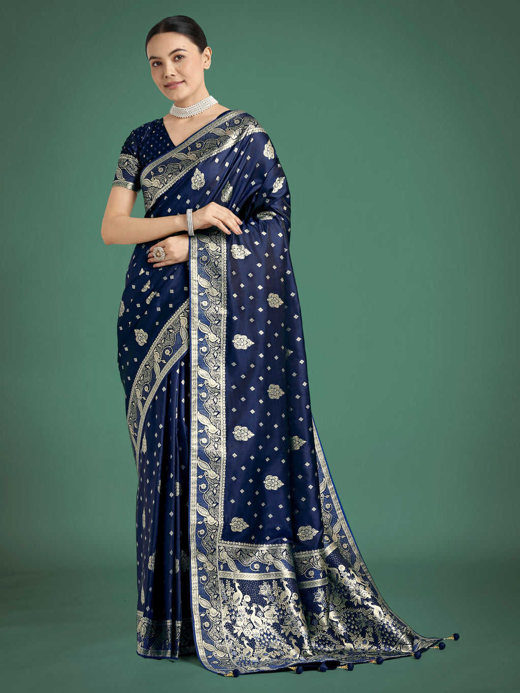 Monjolika Fashion Traditional Blue Woven Banarasi Satin Silk Saree - Distacart