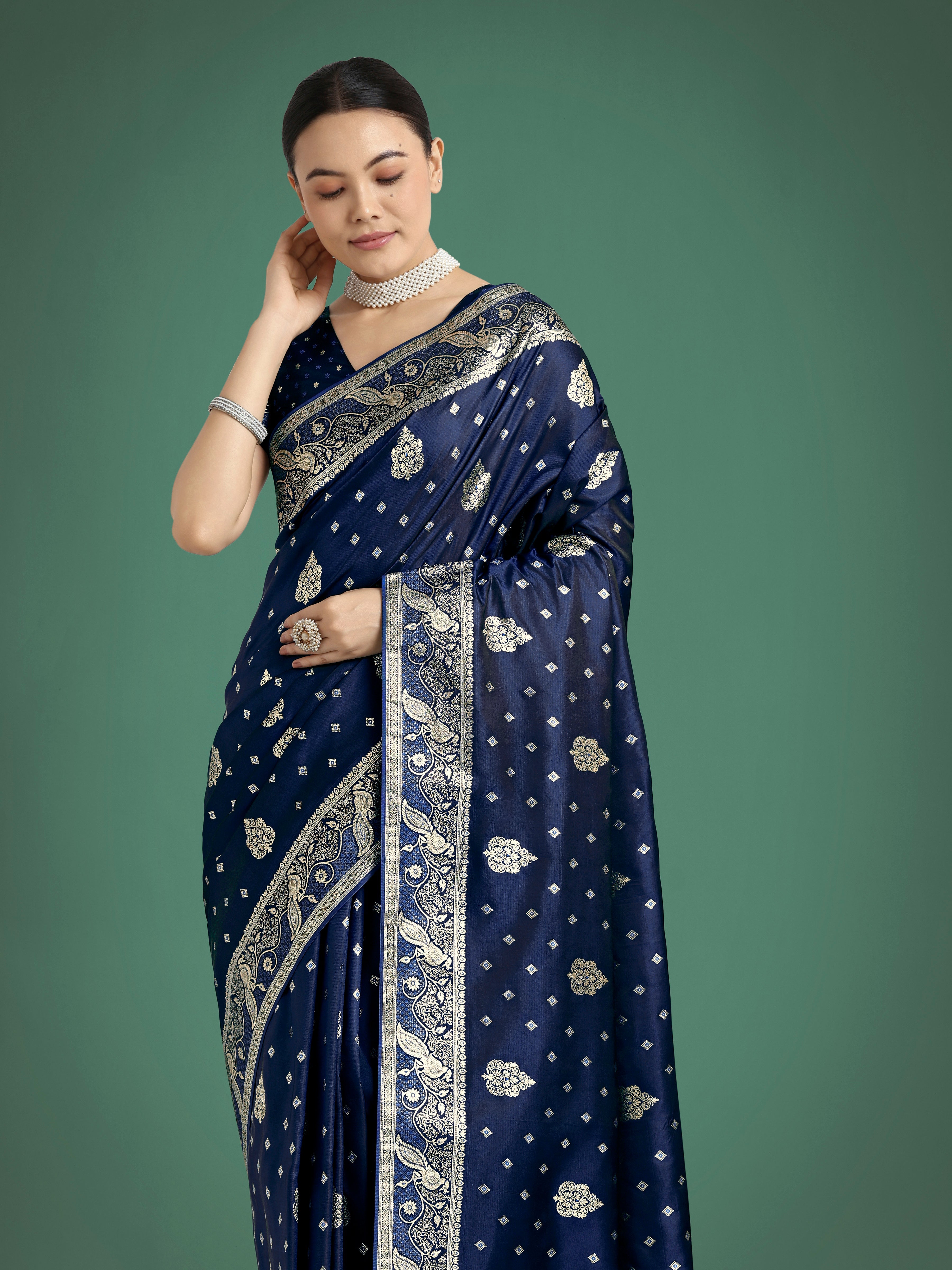 Monjolika Fashion Traditional Blue Woven Banarasi Satin Silk Saree - Distacart