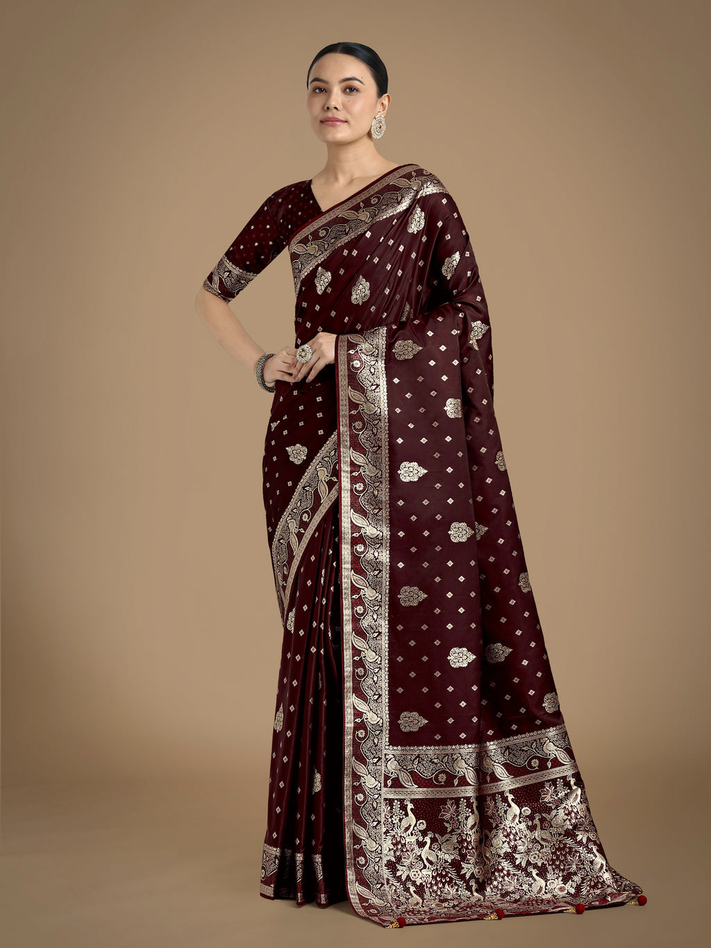 Monjolika Fashion Traditional Maroon Woven Banarasi Satin Silk Saree - Distacart