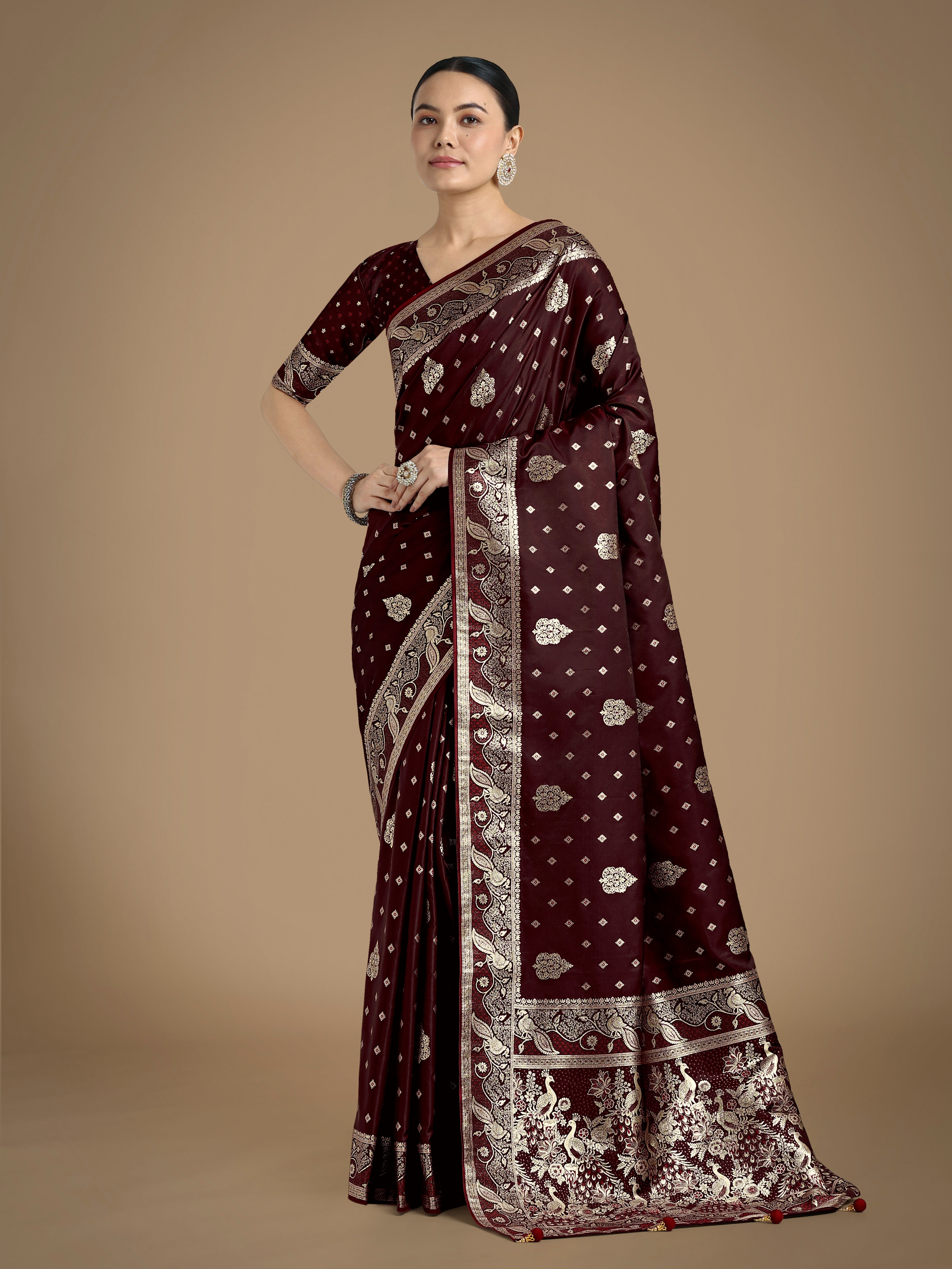Monjolika Fashion Traditional Maroon Woven Banarasi Satin Silk Saree - Distacart