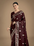 Monjolika Fashion Traditional Maroon Woven Banarasi Satin Silk Saree - Distacart