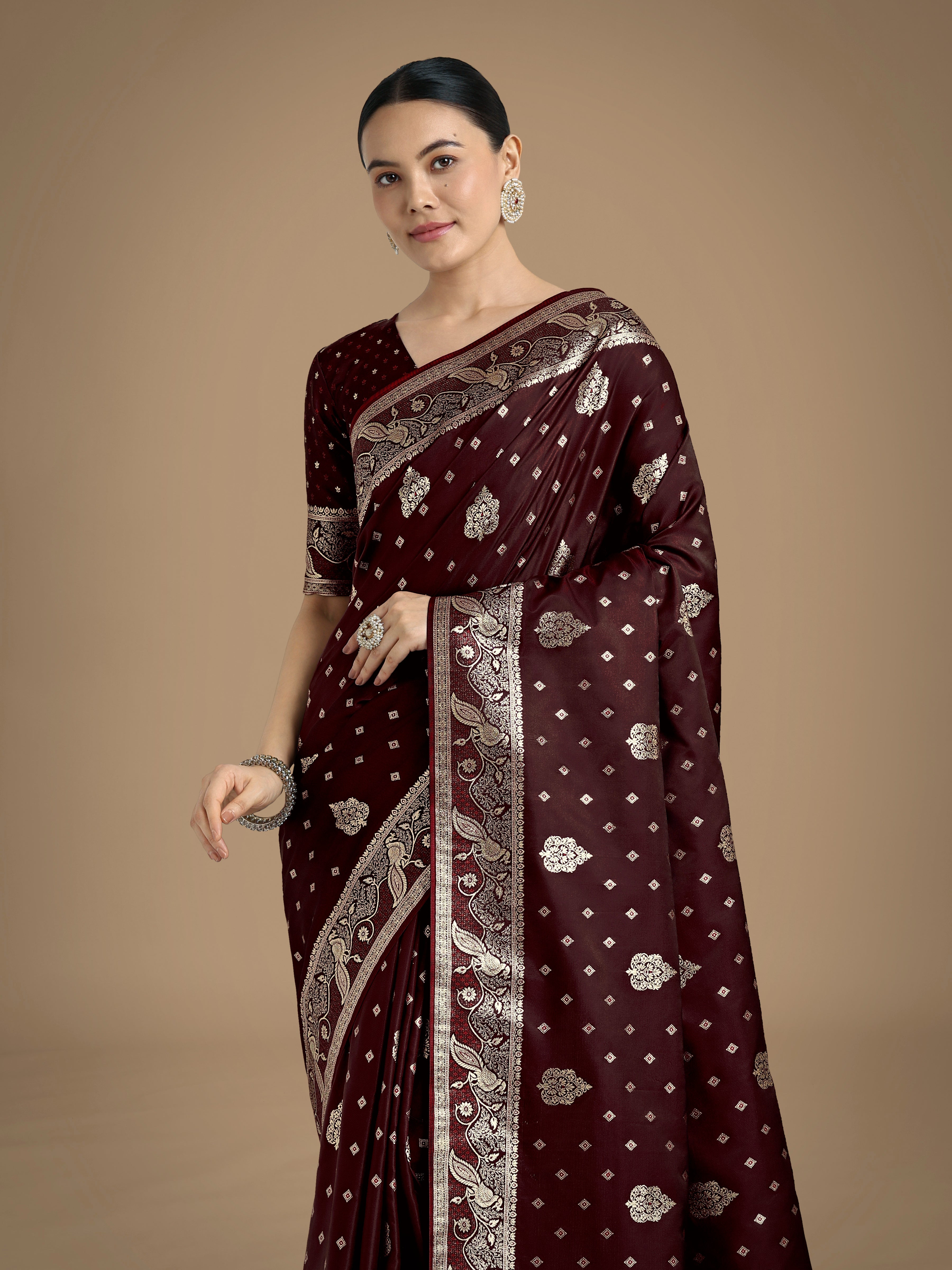 Monjolika Fashion Traditional Maroon Woven Banarasi Satin Silk Saree - Distacart