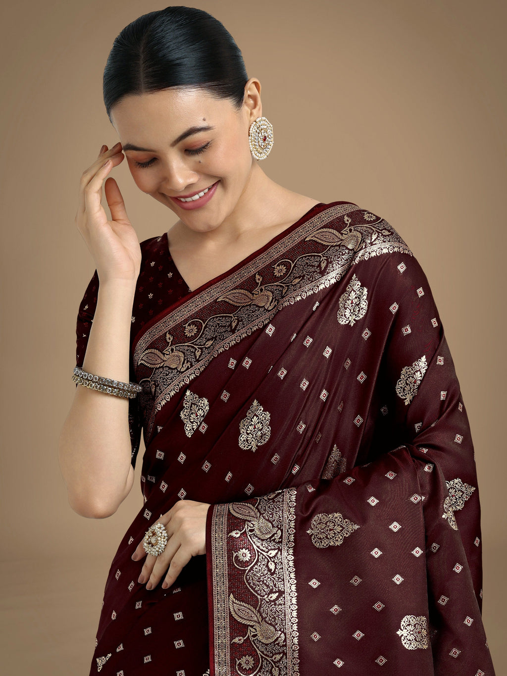 Monjolika Fashion Traditional Maroon Woven Banarasi Satin Silk Saree - Distacart