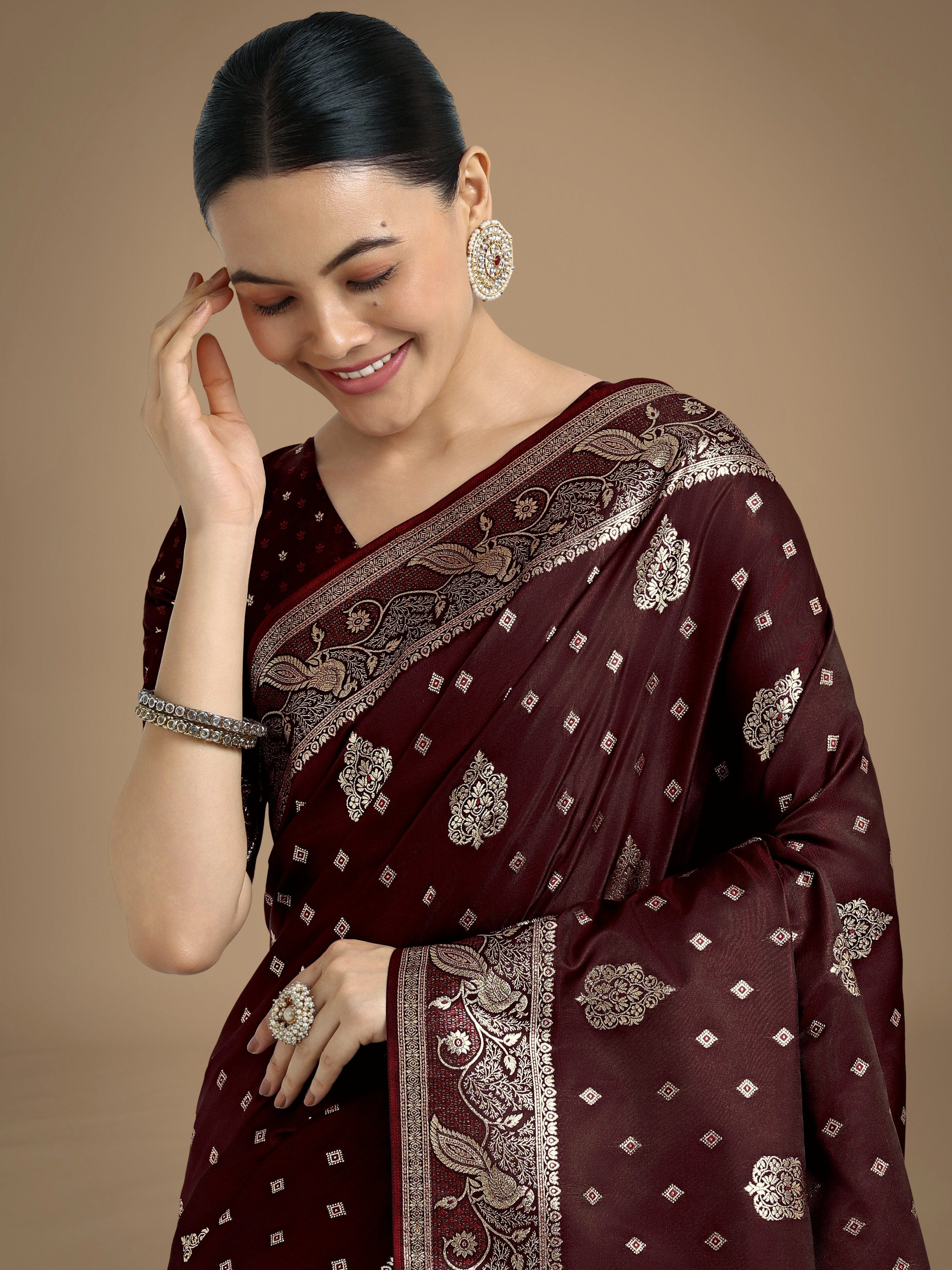 Monjolika Fashion Traditional Maroon Woven Banarasi Satin Silk Saree - Distacart