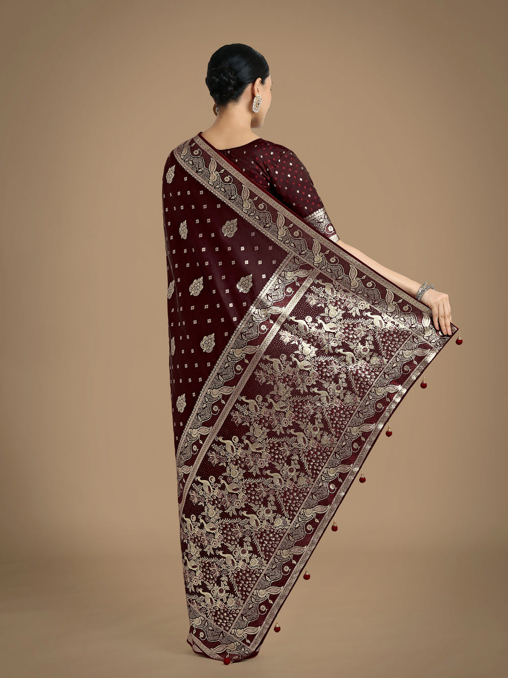 Monjolika Fashion Traditional Maroon Woven Banarasi Satin Silk Saree - Distacart