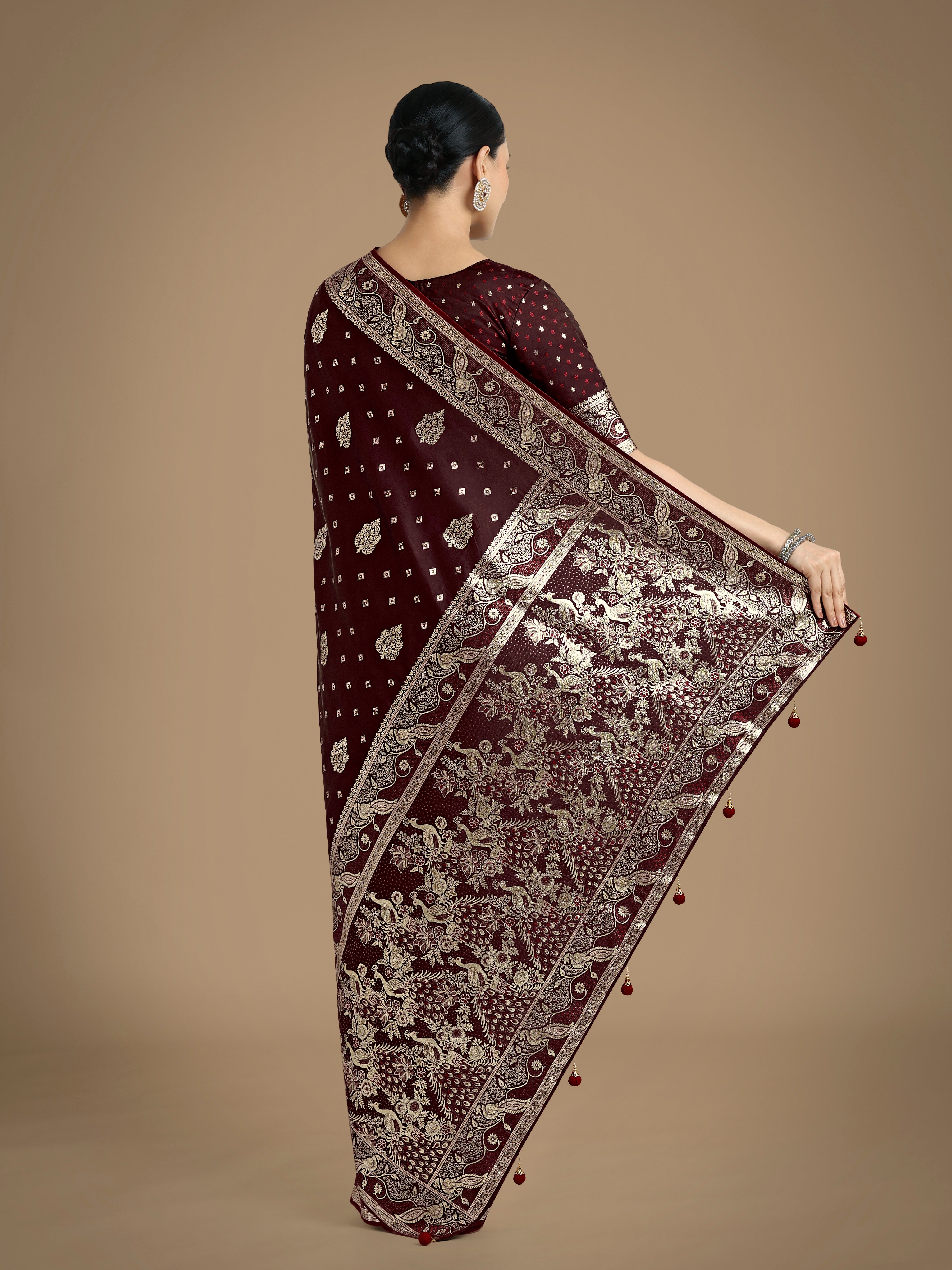 Monjolika Fashion Traditional Maroon Woven Banarasi Satin Silk Saree - Distacart