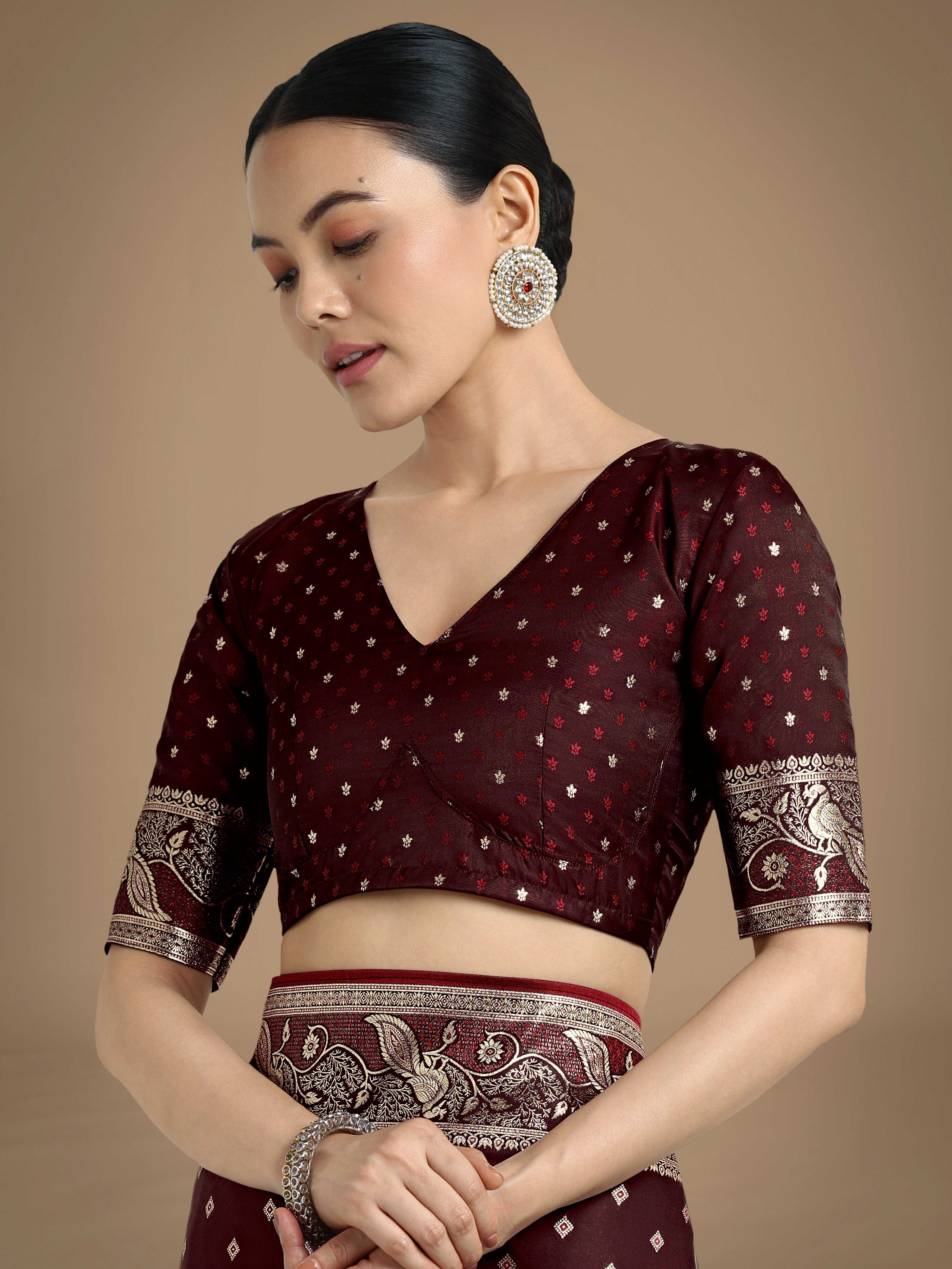 Monjolika Fashion Traditional Maroon Woven Banarasi Satin Silk Saree - Distacart