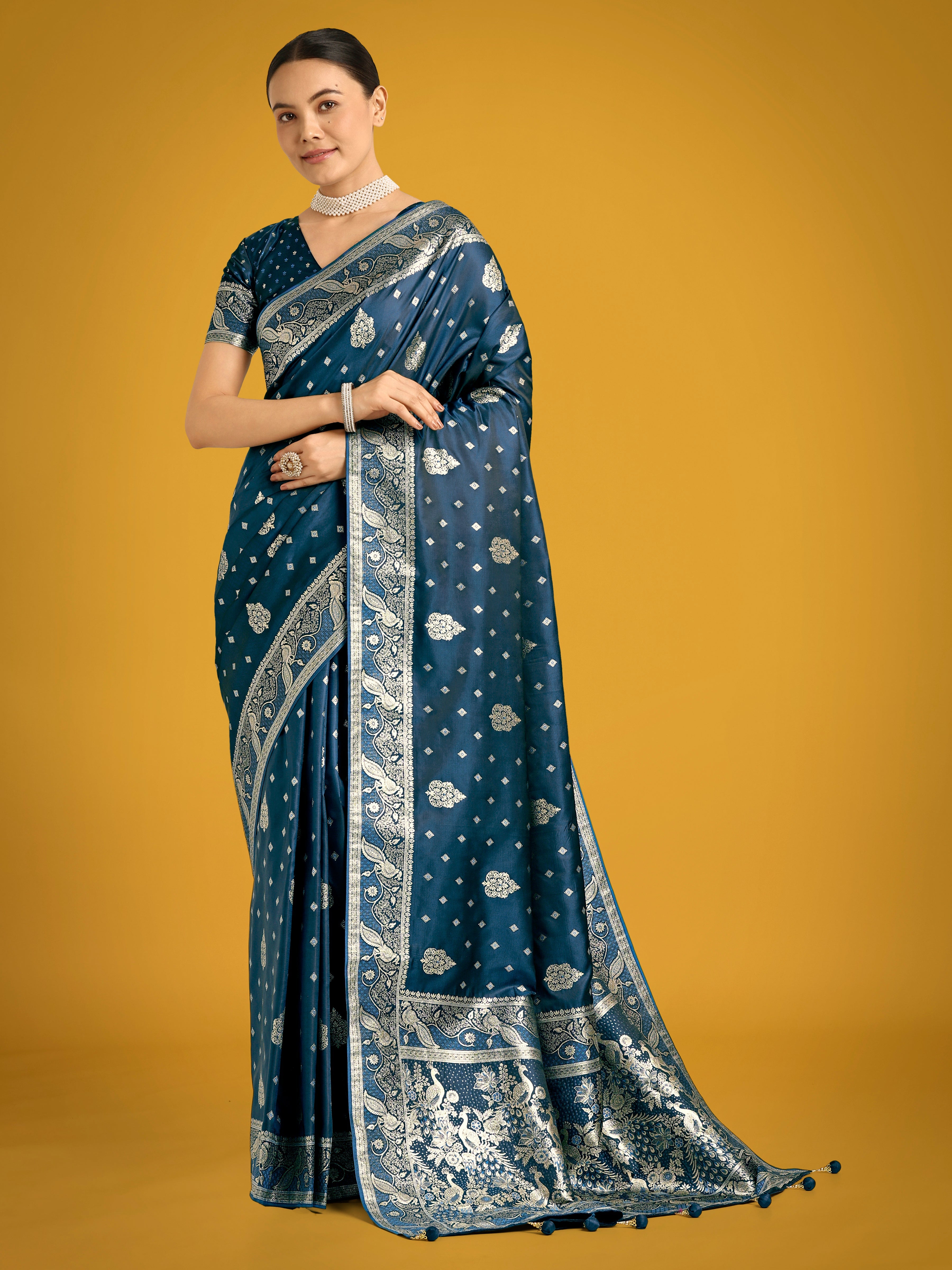 Monjolika Fashion Traditional Aqua blue Woven Banarasi Satin Silk Saree - Distacart