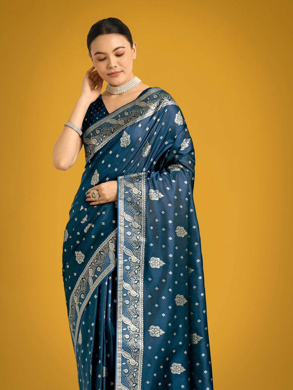 Monjolika Fashion Traditional Aqua blue Woven Banarasi Satin Silk Saree - Distacart
