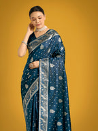 Monjolika Fashion Traditional Aqua blue Woven Banarasi Satin Silk Saree - Distacart