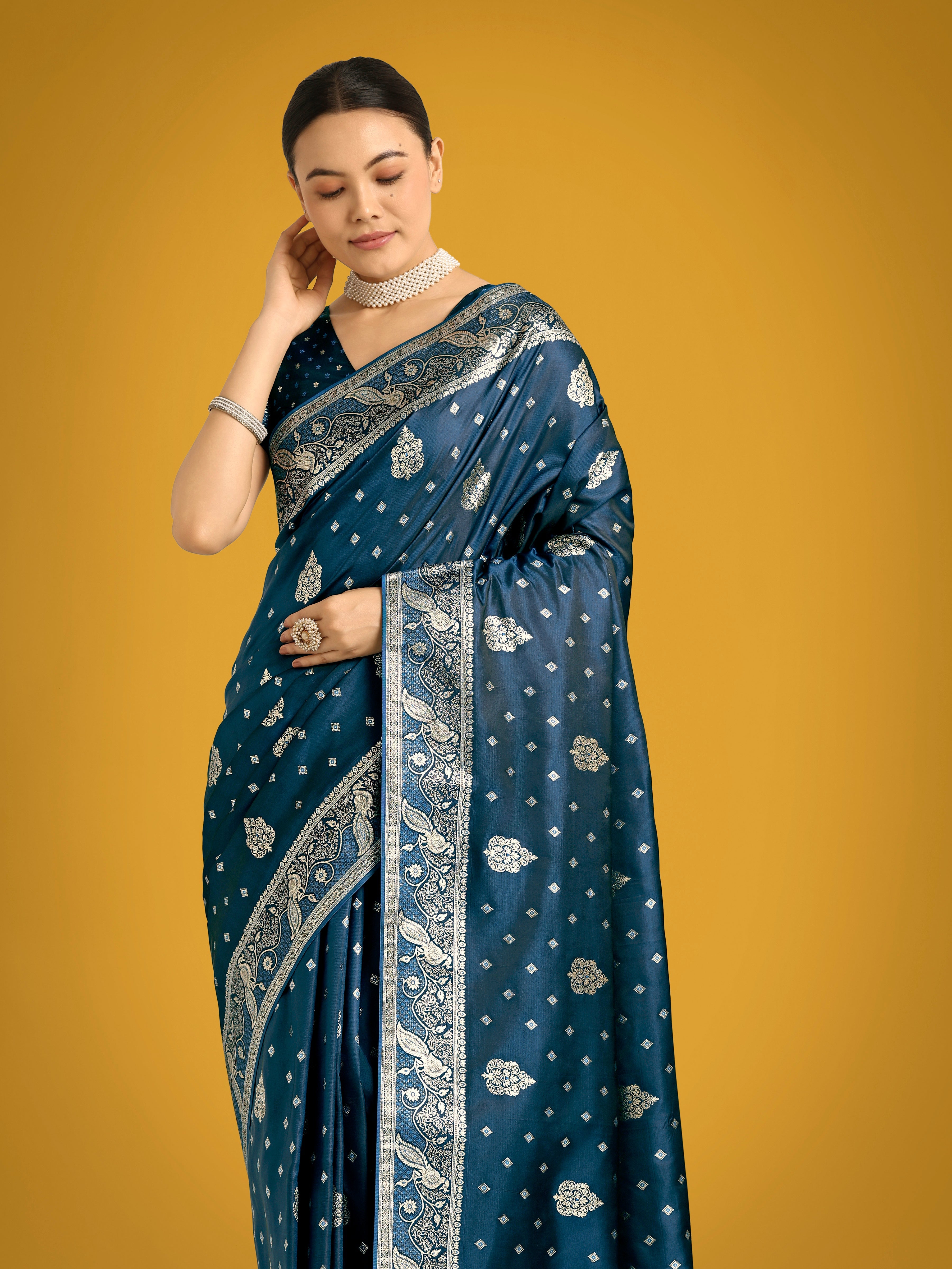 Monjolika Fashion Traditional Aqua blue Woven Banarasi Satin Silk Saree - Distacart