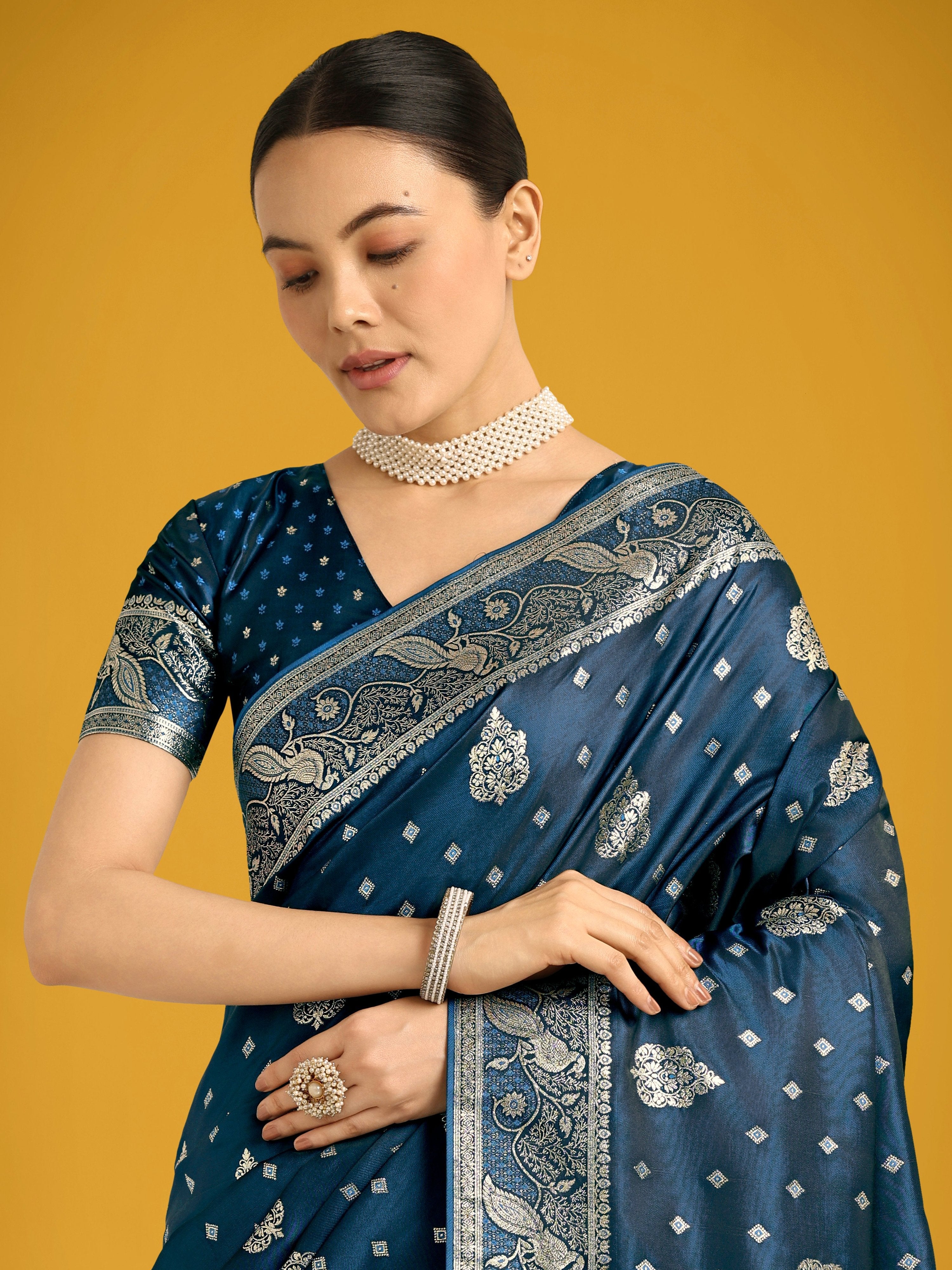 Monjolika Fashion Traditional Aqua blue Woven Banarasi Satin Silk Saree - Distacart