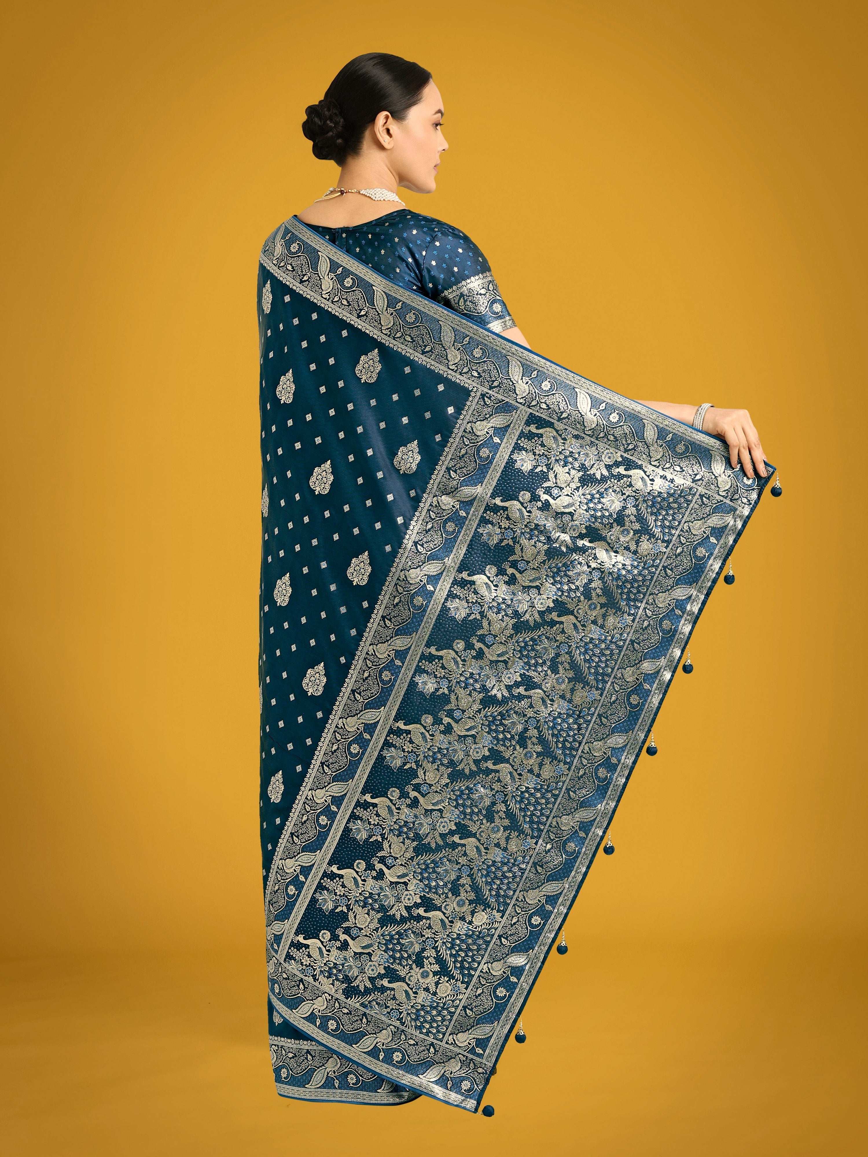 Monjolika Fashion Traditional Aqua blue Woven Banarasi Satin Silk Saree - Distacart