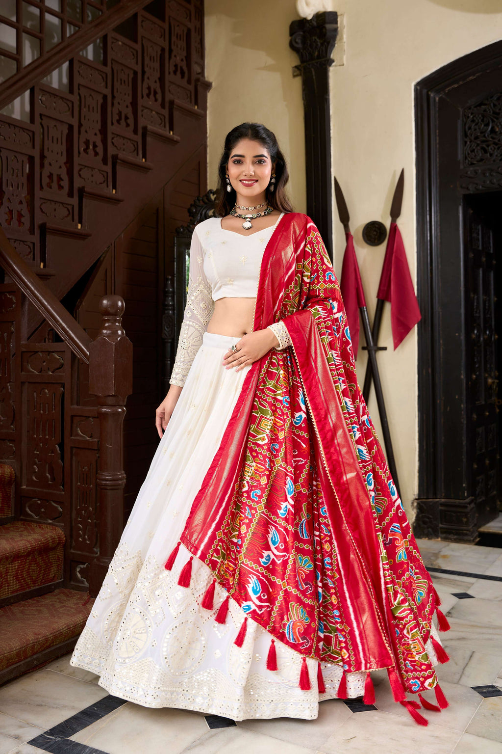 Lorenvalley Fashion White Georgette Lucknowi Paper Mirror Work Lehenga Choli with Dupatta