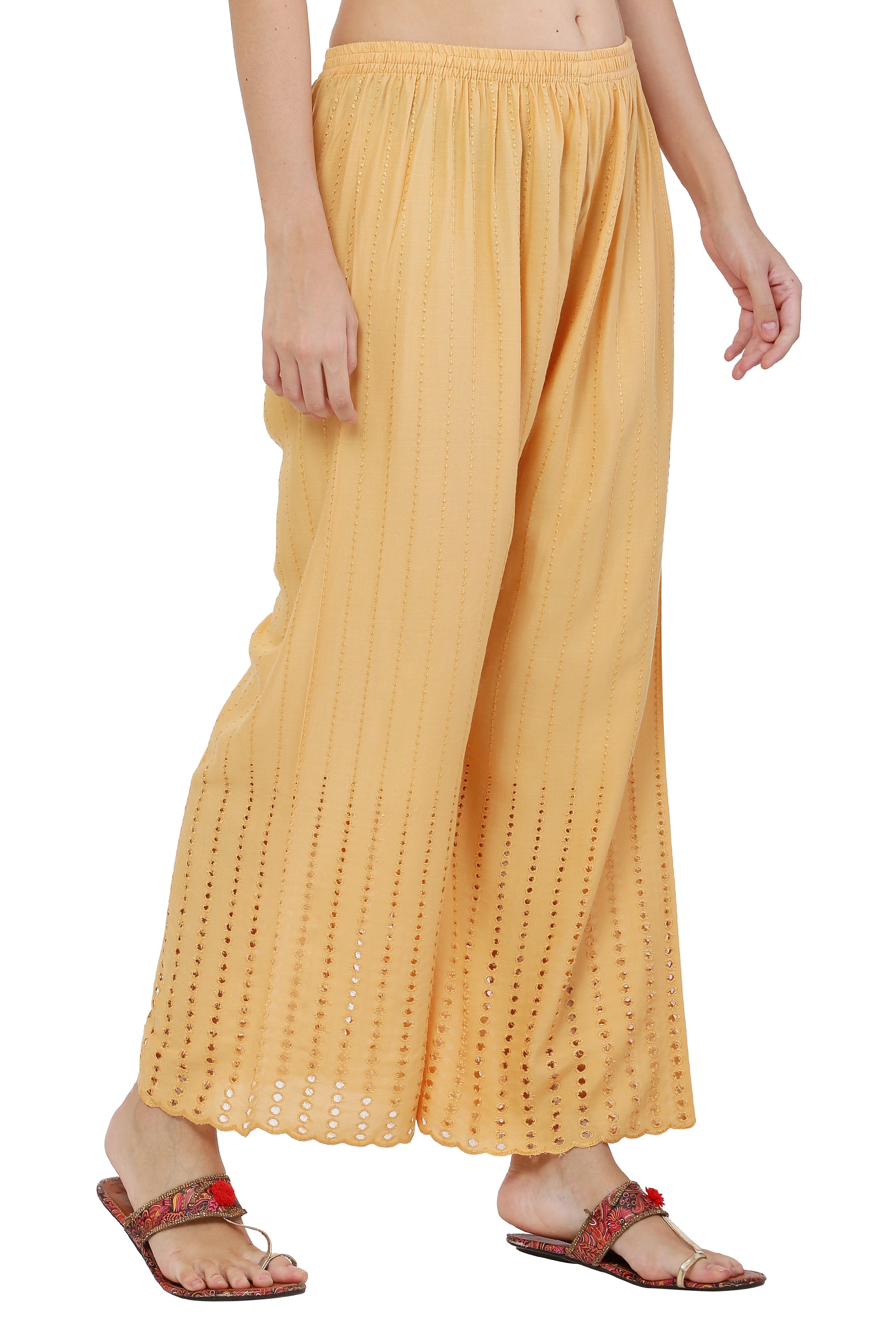 PAVONINE Beige Color Goti Aari Work Rayon Fabric Palazzo For Women - Distacart
