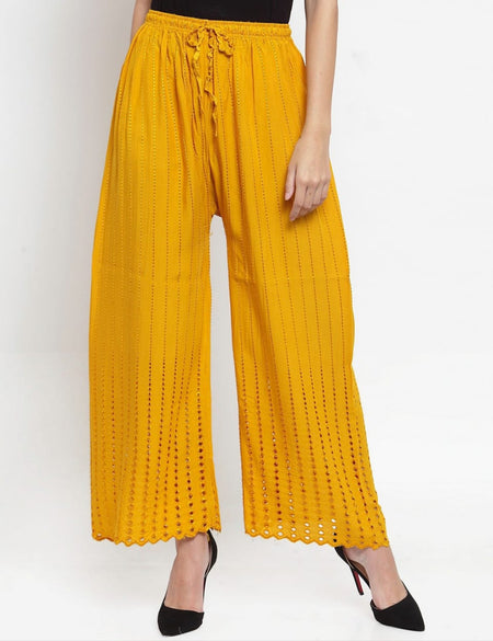 PAVONINE Mustard Color Goti Aari Work Rayon Fabric Palazzo For Women