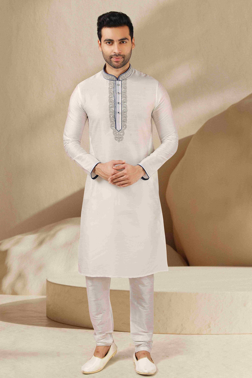 Raivat Ethnic Banarasi Art Silk Mirror Work Kurta Pajama In Off White Colour - Distacart