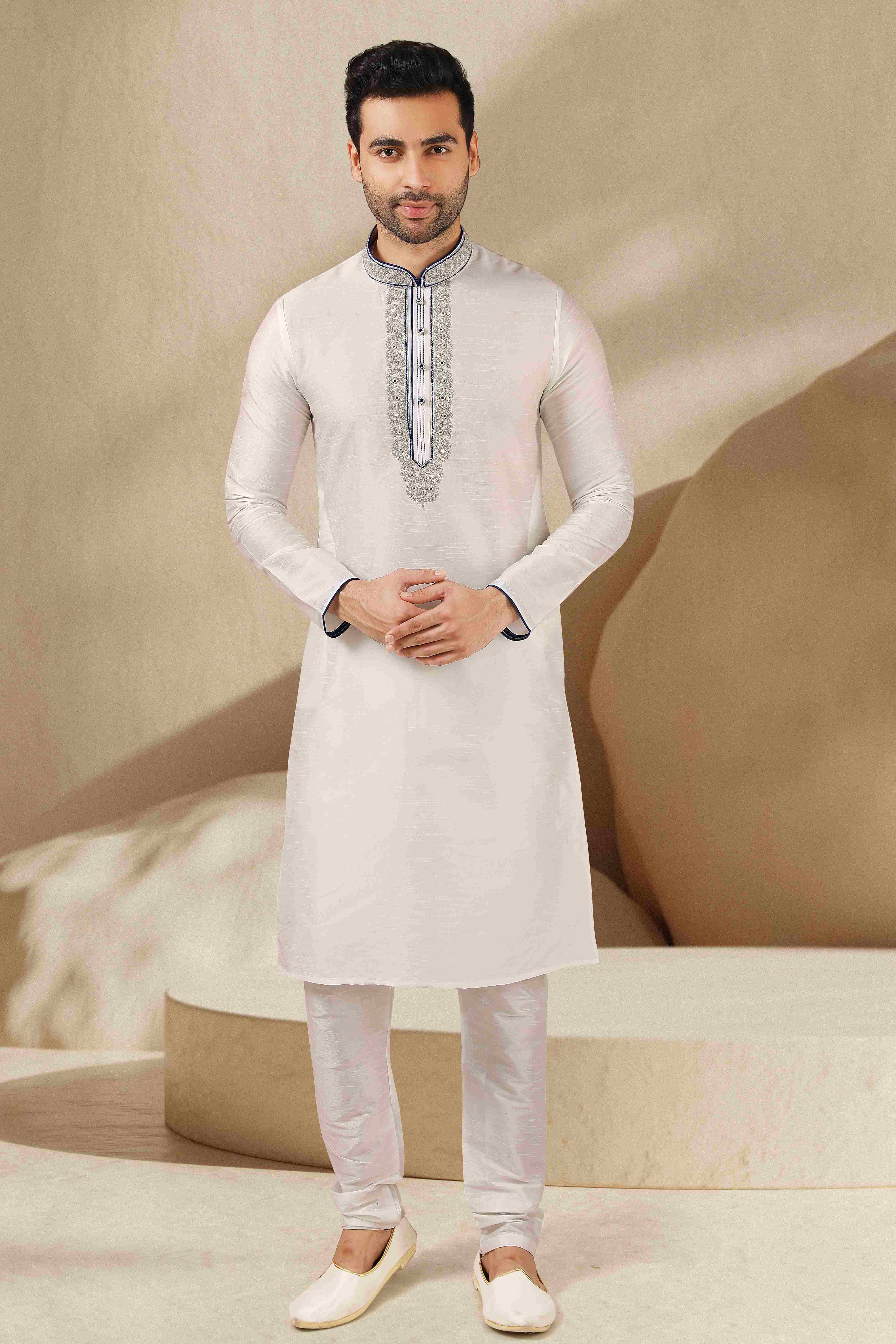 Raivat Ethnic Banarasi Art Silk Mirror Work Kurta Pajama In Off White Colour - Distacart