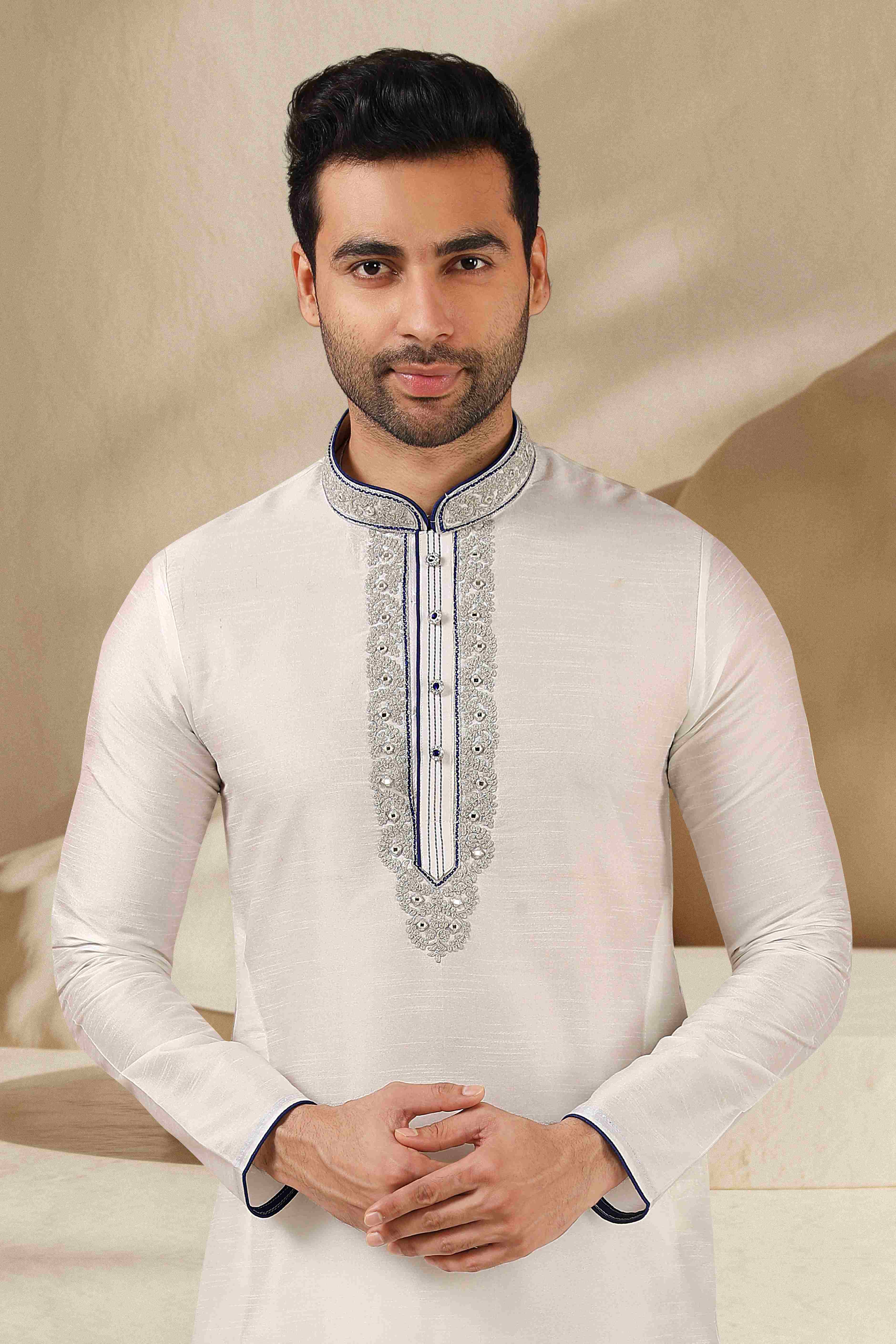 Raivat Ethnic Banarasi Art Silk Mirror Work Kurta Pajama In Off White Colour - Distacart