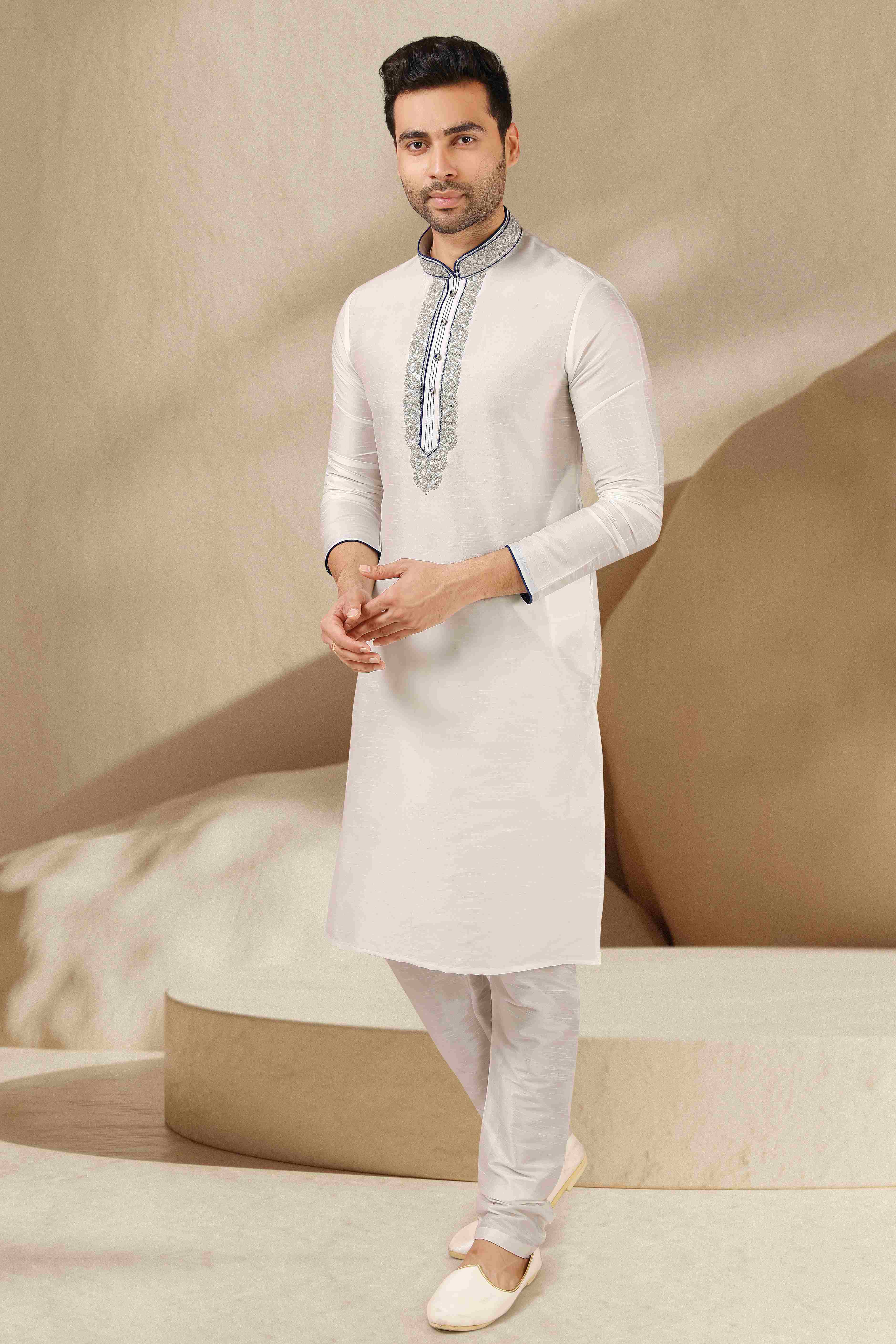 Raivat Ethnic Banarasi Art Silk Mirror Work Kurta Pajama In Off White Colour - Distacart