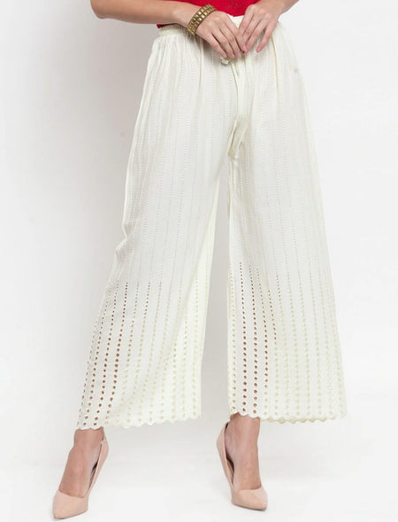 PAVONINE Off-White Color Goti Aari Work Rayon Fabric Palazzo For Women