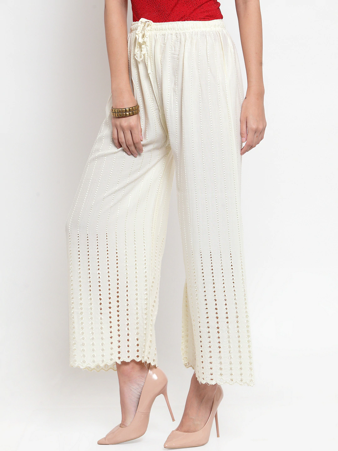 PAVONINE Off-White Color Goti Aari Work Rayon Fabric Palazzo For Women - Distacart