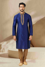 Raivat Ethnic Banarasi Art Silk Mirror Work Kurta Pajama In Blue Colour - Distacart