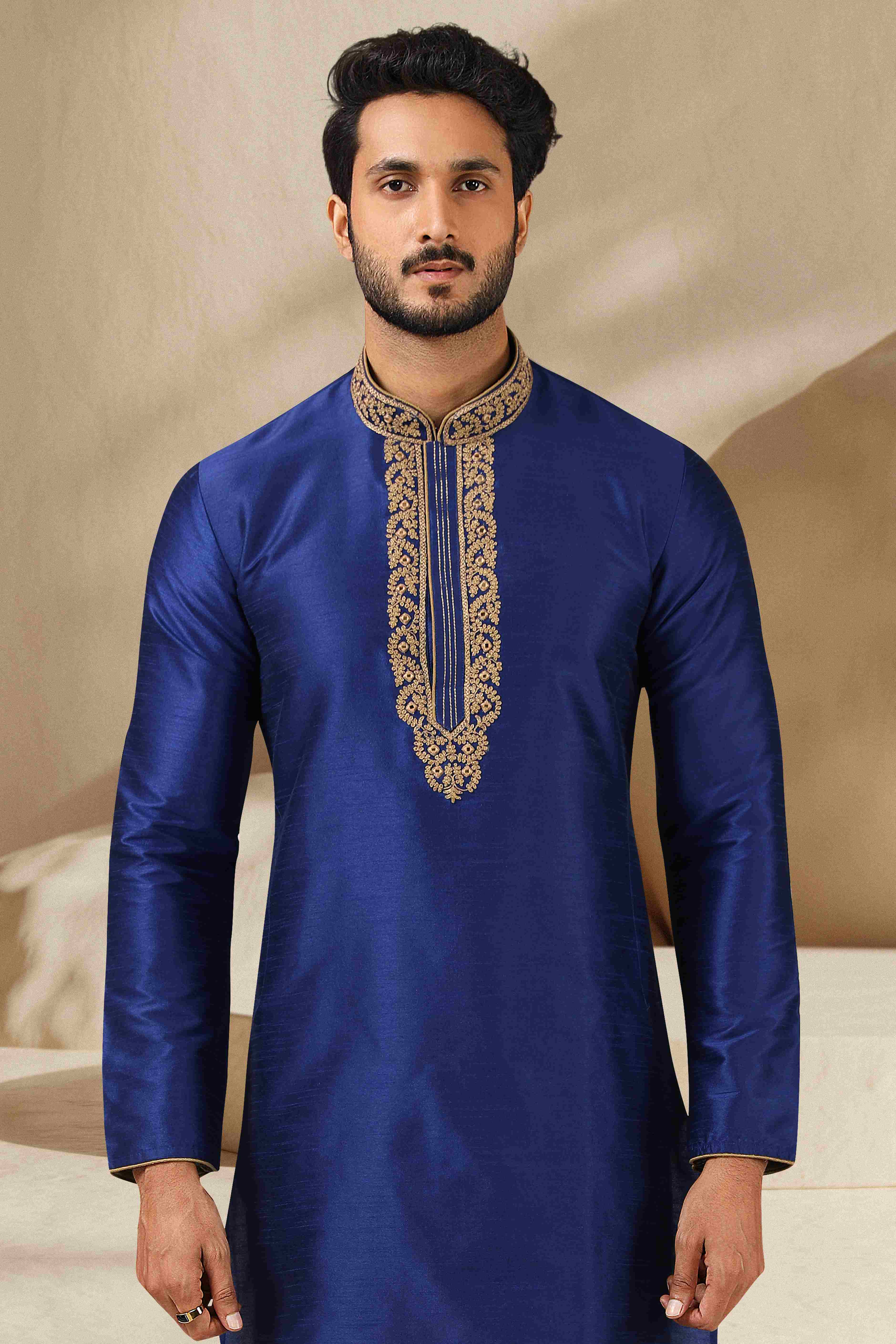 Raivat Ethnic Banarasi Art Silk Mirror Work Kurta Pajama In Blue Colour - Distacart