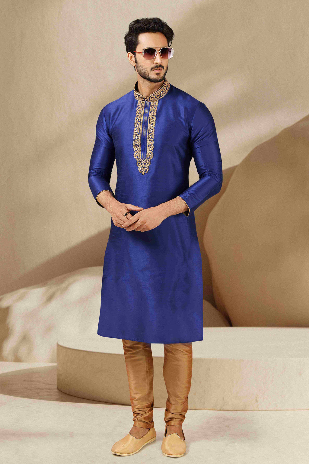 Raivat Ethnic Banarasi Art Silk Mirror Work Kurta Pajama In Blue Colour - Distacart