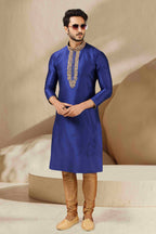 Raivat Ethnic Banarasi Art Silk Mirror Work Kurta Pajama In Blue Colour - Distacart