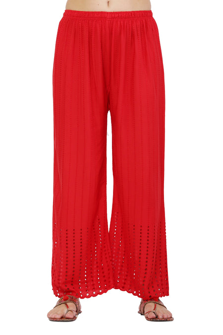 PAVONINE Red Color Goti Aari Work Rayon Fabric Palazzo For Women