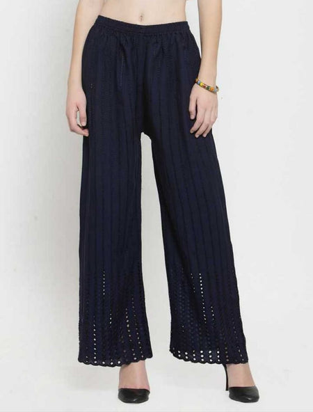 PAVONINE Navy Blue Color Goti Aari Work Rayon Fabric Palazzo For Women
